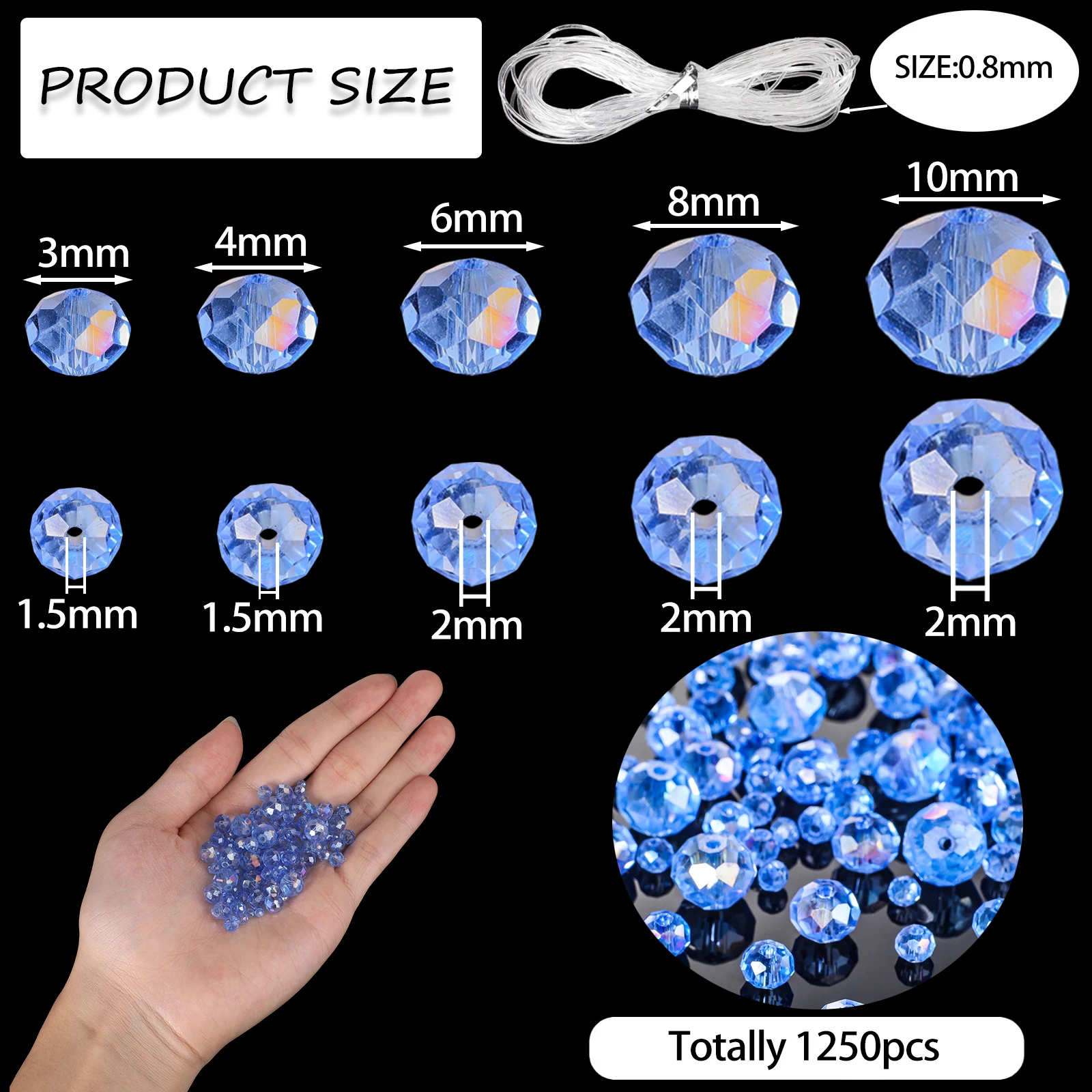 AB Blue Color Crystal Beads Kit 1250pcs Faceted Round Shape Glass Charms Beads for DIY Jewelry Pendant Bracelet 3/4/6/8/10mm