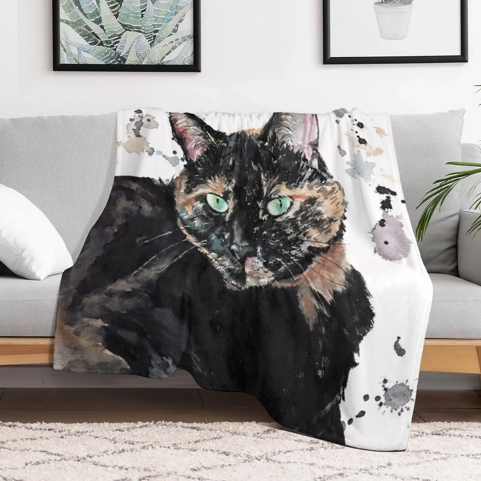 Watercolour Torti Cat Throw Blanket halloween manga Blankets