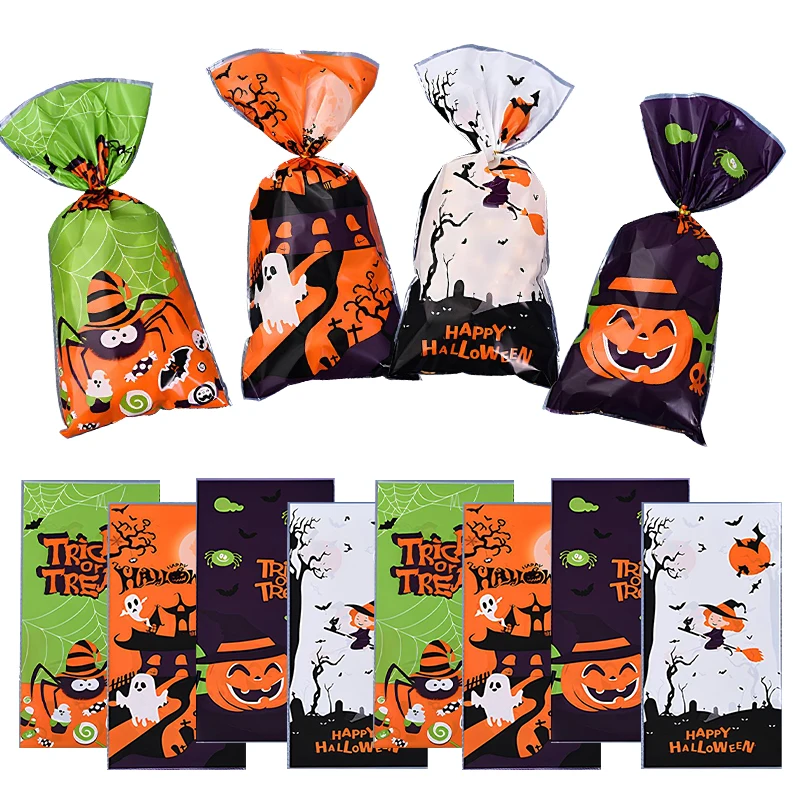 50/100PCS Halloween Themed Treat Bags with Twist Tie Pumpkin Ghost Spider Print Perfect for Party Gift Giveaway Package Prop ZYF