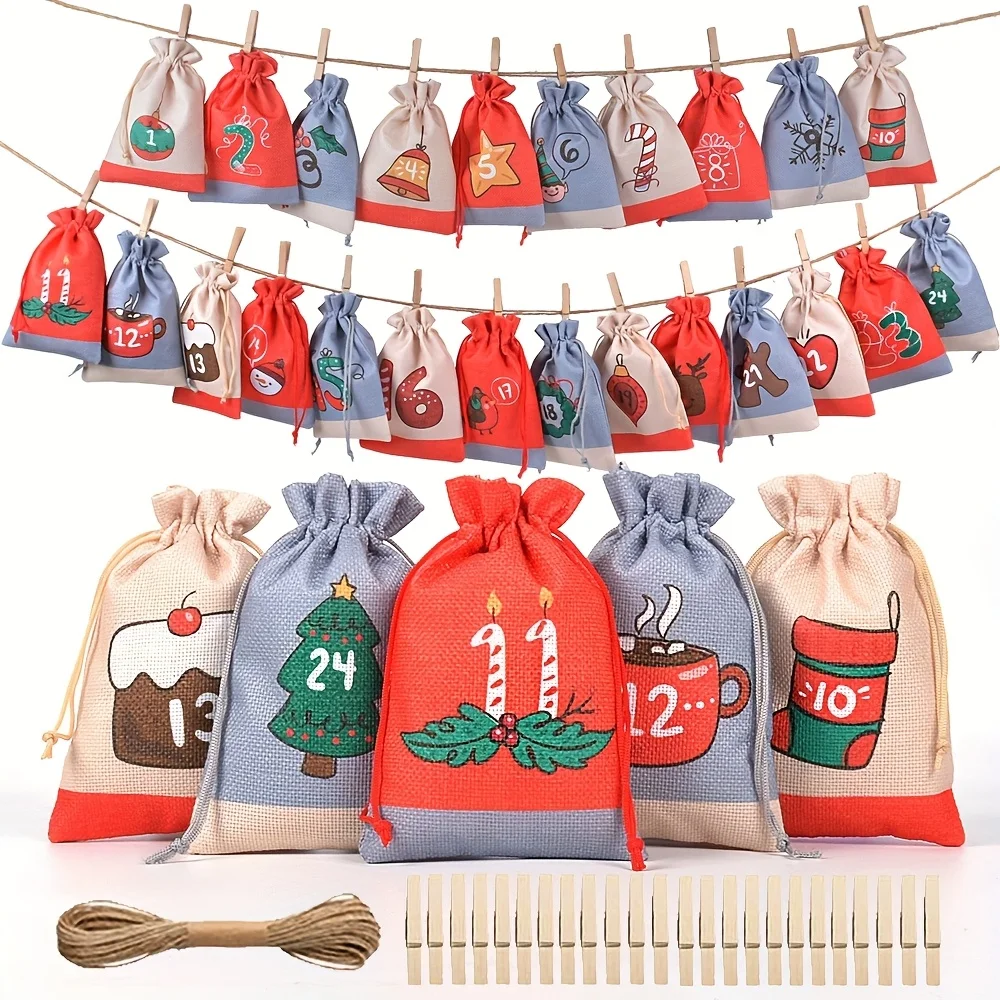 عيد الميلاد تقويم القدوم 2025 24 قطعة الرباط حقائب للهدايا الخيش معلقة العد التنازلي التقويم أكياس DIY بها بنفسك عيد الميلاد ديكورات المنزل