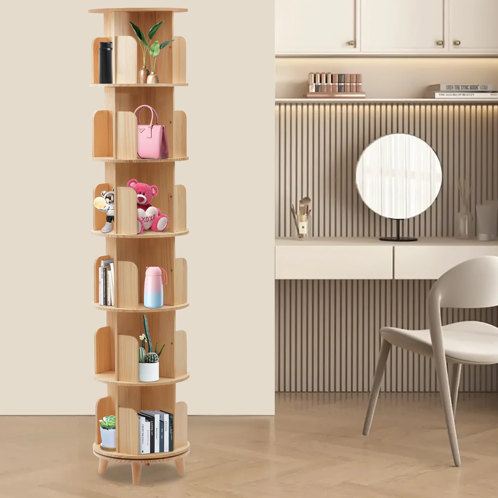 6 Tiers Rotating Bookshelf, Wood Narrow Bookshelf Organizer, 360 Display Floor Standing Bookcase Storage Rack