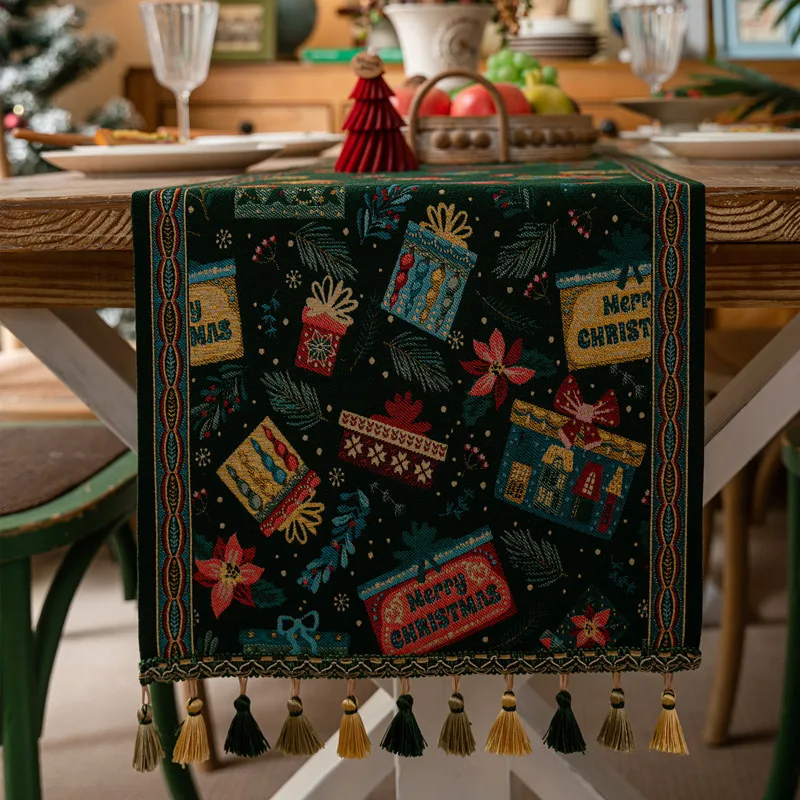 Christmas Table Runner Merry Christmas Decorations Yarn-dyed Jacquard Xmas Snowman Table Runner for Dining Home Table Decoration