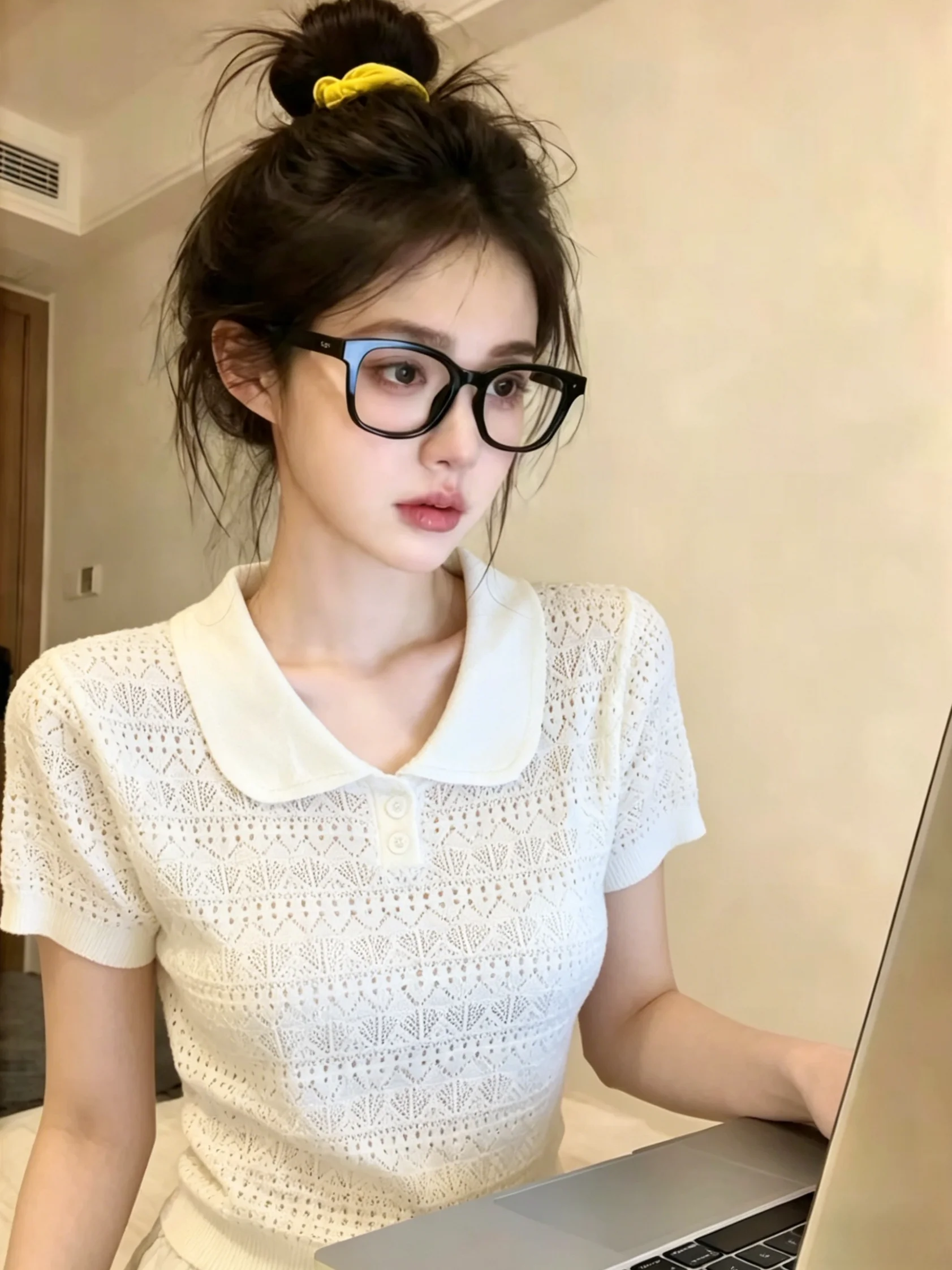 

Korean Style Short Sleeve Knitted Neck Hollow out Women's Summer New Lazy Fashion Shouldered Top Straight Cut Silk Blend