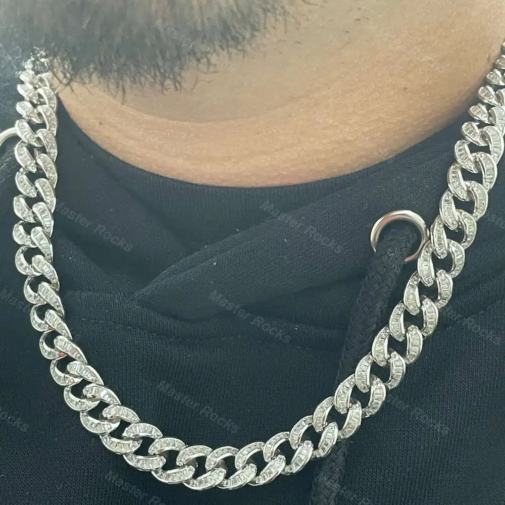 Hip Hop Tennis Chain Necklace Mens Iced Out Baguette Vvs Diamond Cuban Chain 12mm Sterling Silver Cuban Miami Square Link Chain