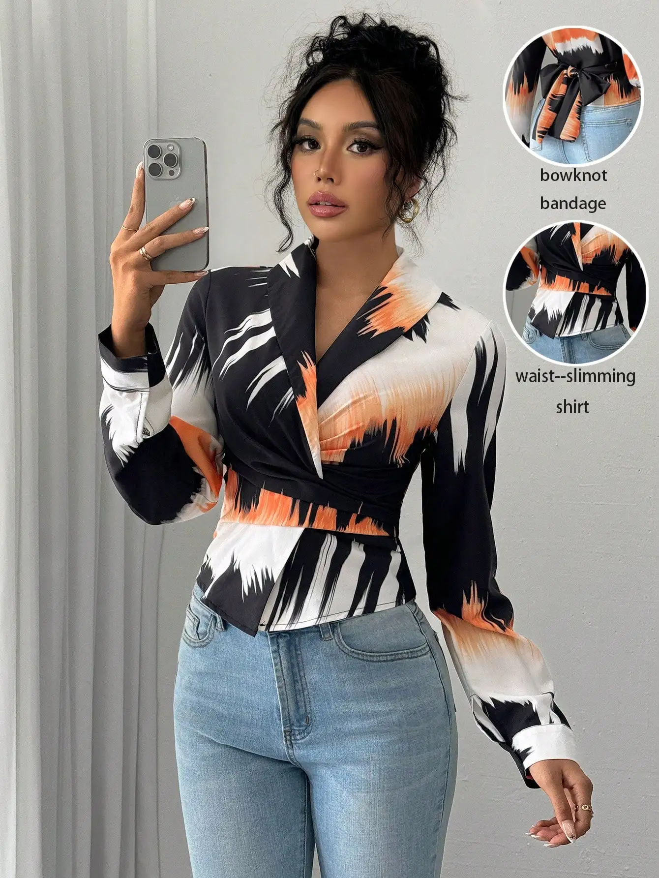 

Nice Elegant Overlapping Back Straps Waist-retracting Sleeves Forks Multi-color Digital Print Spring And Summer Women's Shirt