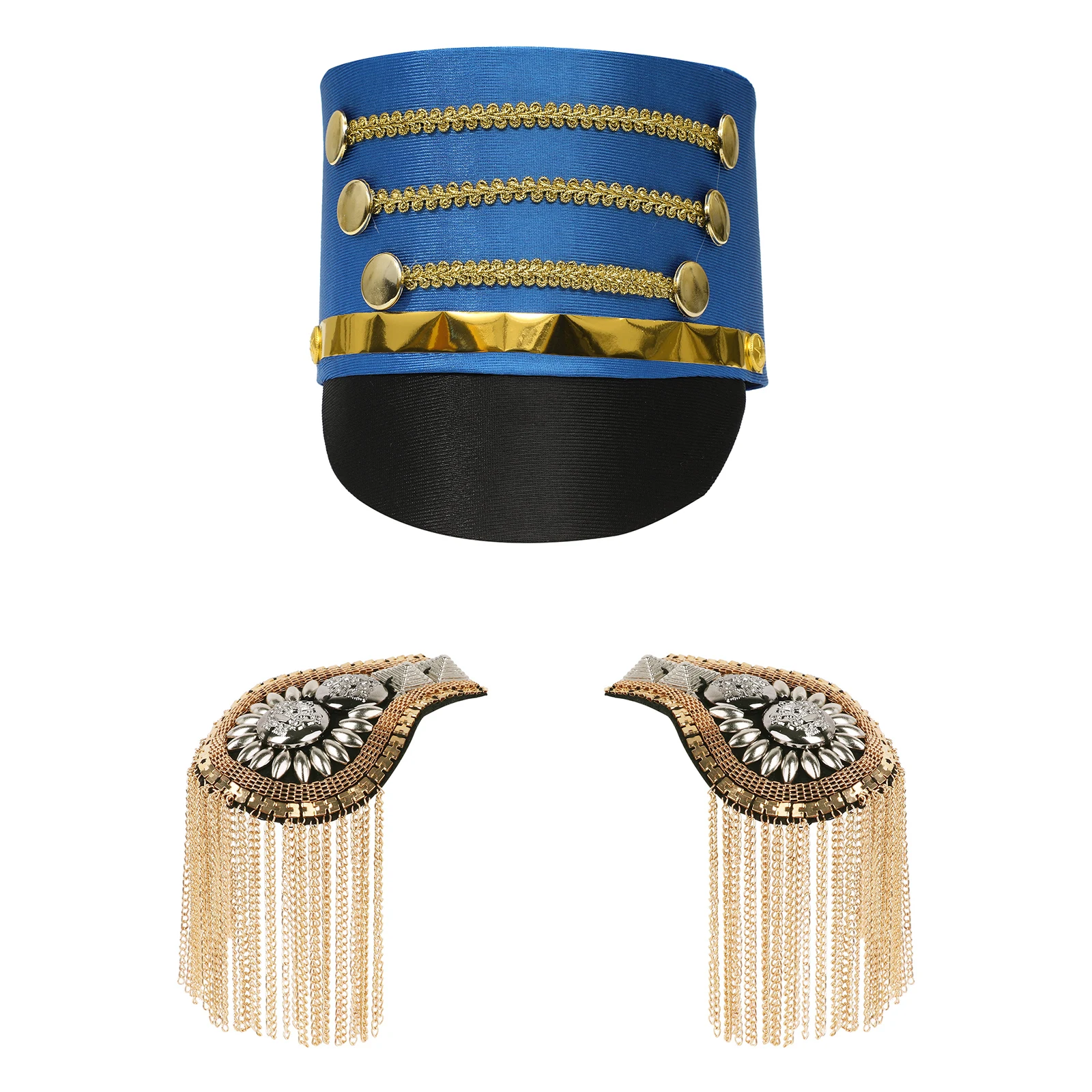 America Drum Hat Royal Soldier Marching Band Cap Costume Accessory with Tassel Epaulet Shoulder Boards Halloween Party Supplies