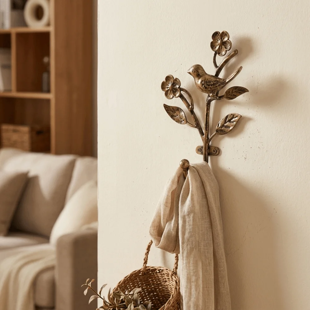 Multipurpose Vintage Cast Iron Key Hook Rustic 3D Flower Bird Design Sundries Storage Holder Sturdy Wall Decorative Hook Bedroom