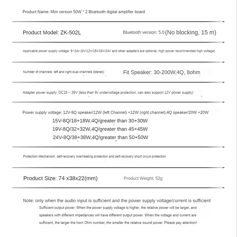 Placa de amplificador de potência digital, ZK-502L Módulo 5.0, Bluetooth, 2x50W, febre HIFI, alta potência 2.0, aprimoramento estéreo