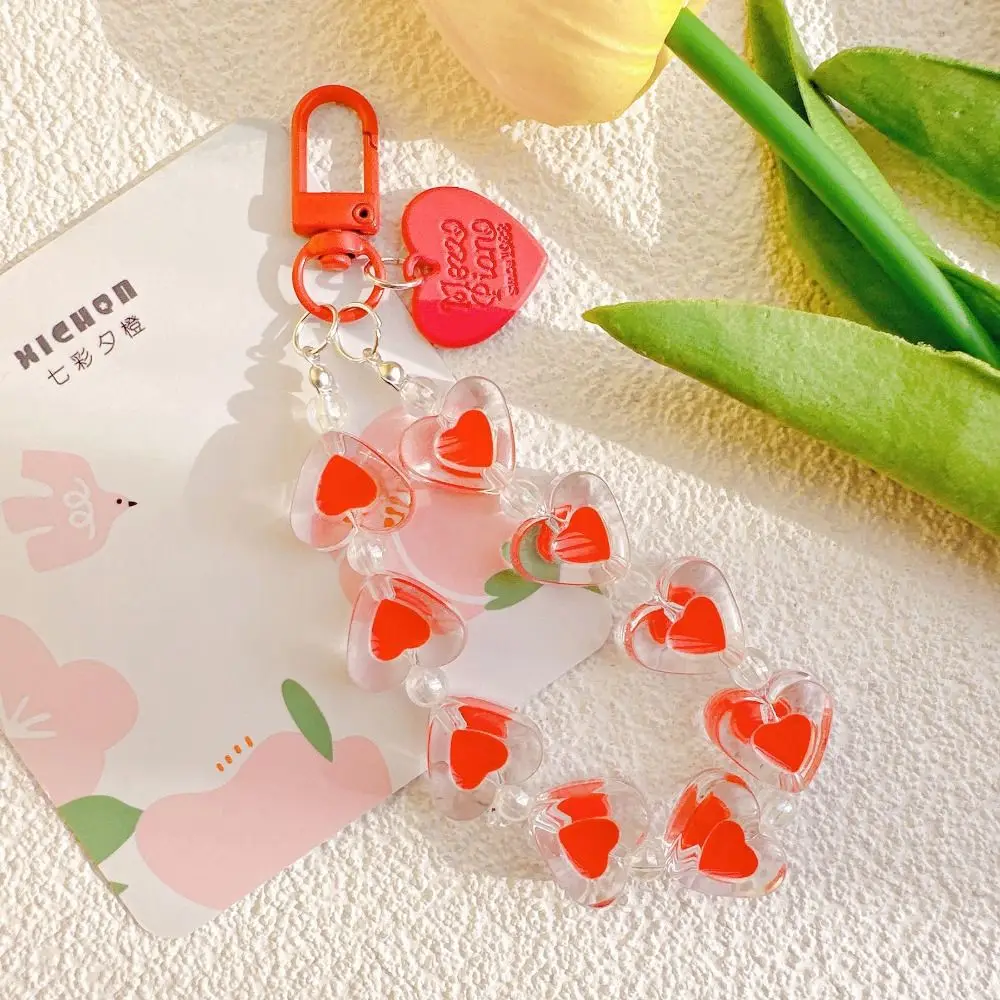 Korean Fashion Peach Heart Keychain Acrylic Creative Clear Beads Keyring Advanced Sense Kawaii Love Beads Keychain Girls