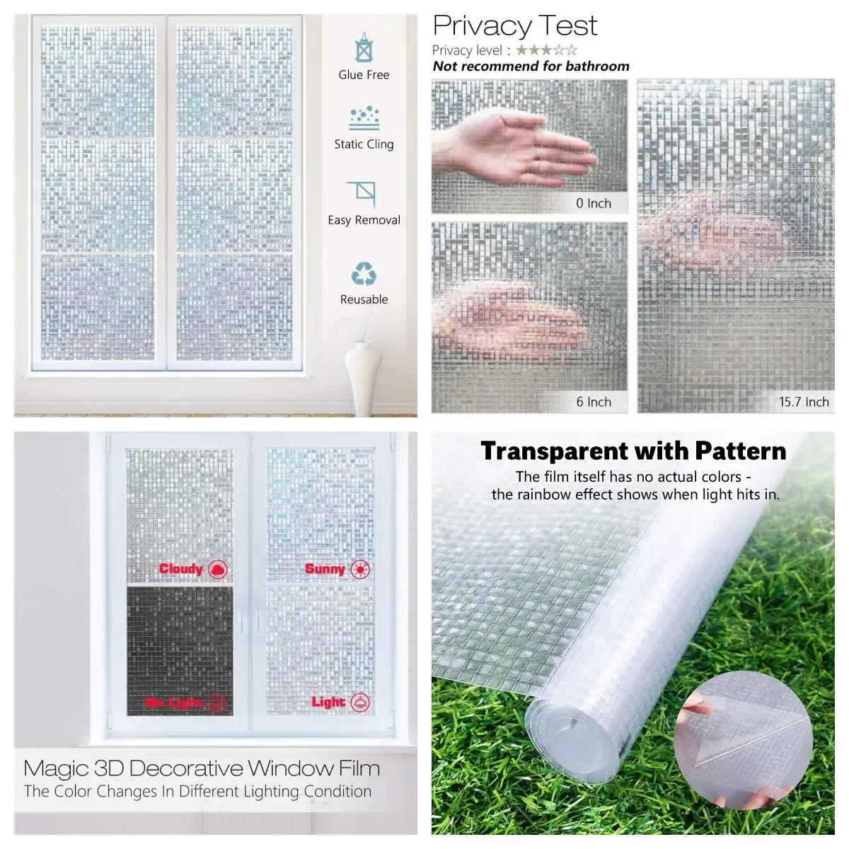 3D Mosaic Rainbow Window Film Privacy UV Protection Static Cling Adhesive Window Stickers for Home Removable Heat Insulation