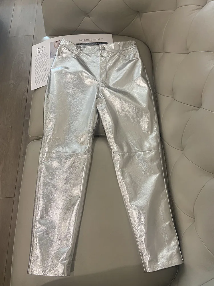 

y2k Pants For Women Shiny Silver 2024 New Fashion Genuine Leather Cargo Pants Women High Quality Luxury Streetwear Trousers