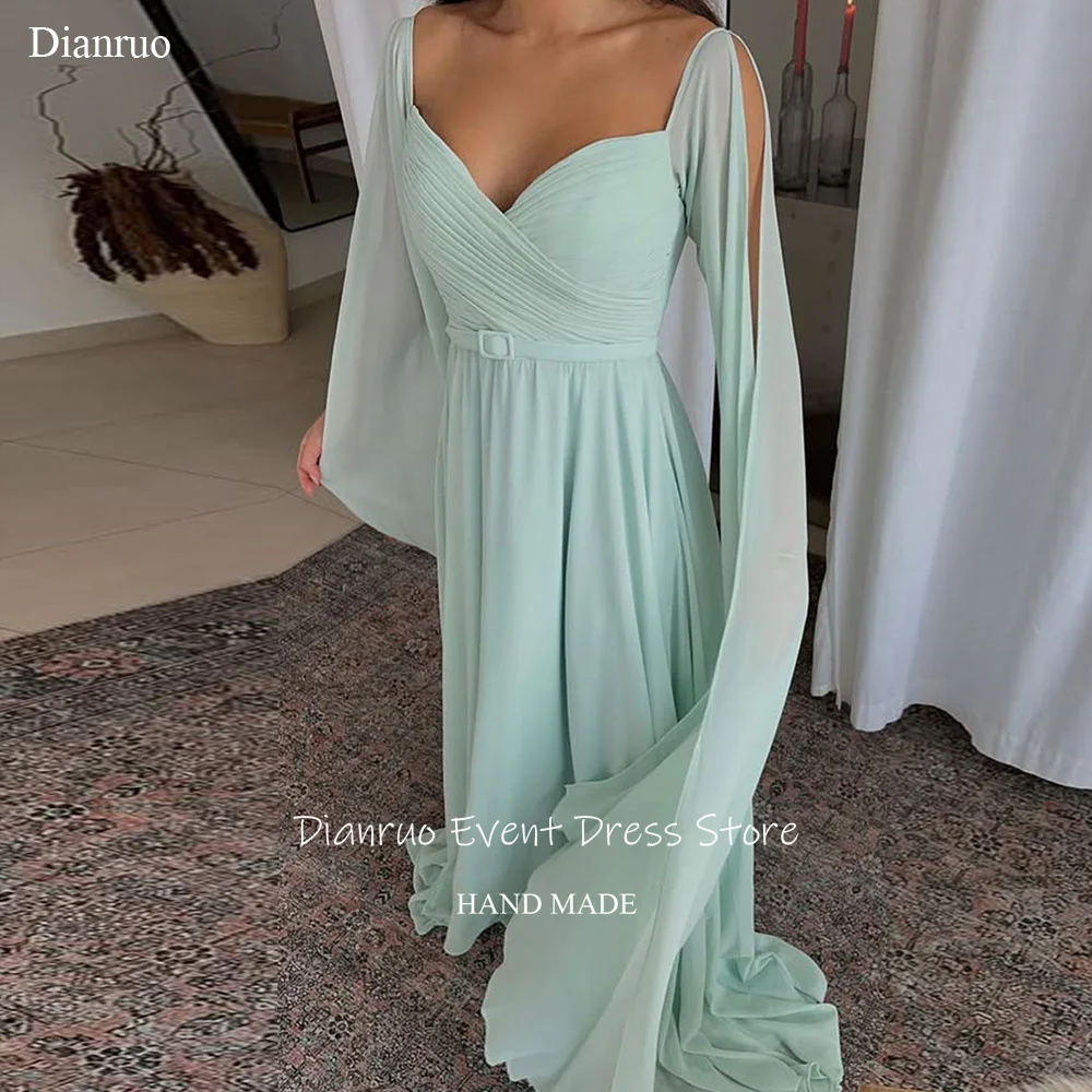 Dianruo vert clair robes De soirée plissées une ligne Dubai robes De Festa moderne en mousseline De soie chérie robes De Gala personnalisé