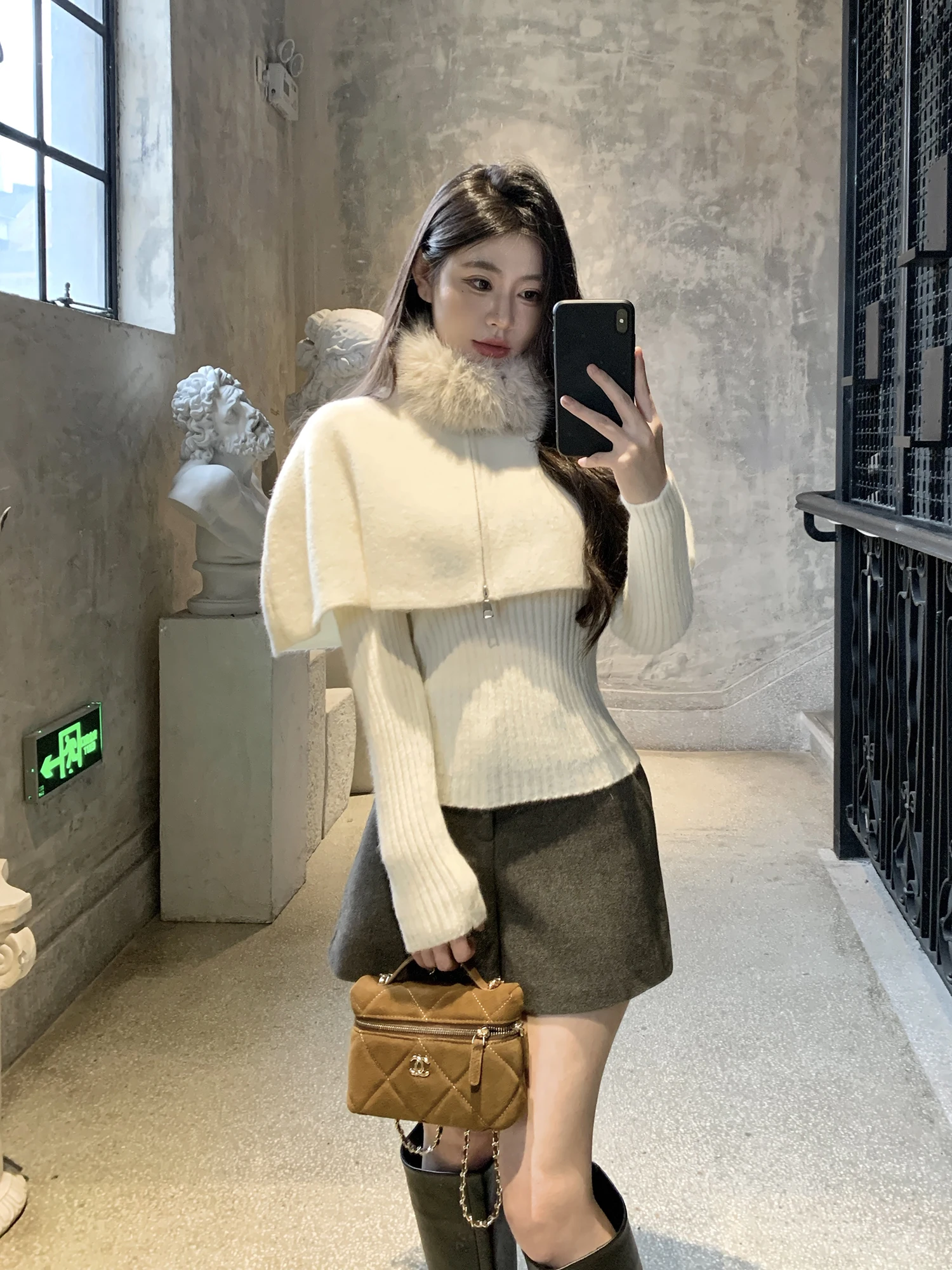 

Withmxboom ey Home Korean Sle Fur Collar Long Sve V Ne Knitted Sweater awl Tee Piece Set Women Sweet Sle