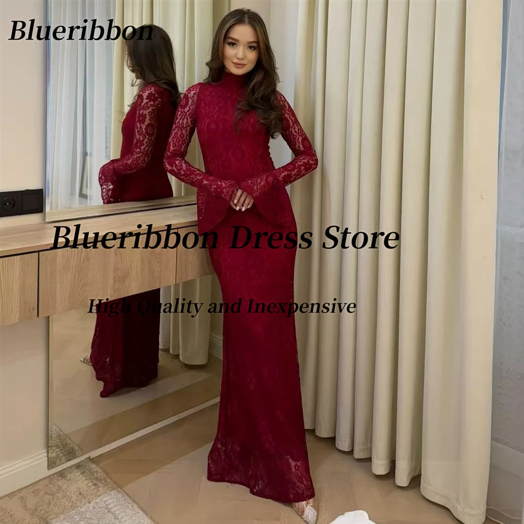 

Blueribbon индивидуальные кружевные бордовые вечерние платья с высоким воротником и длинными рукавами, платье для дня рождения, платья для выпускного вечера на молнии сзади