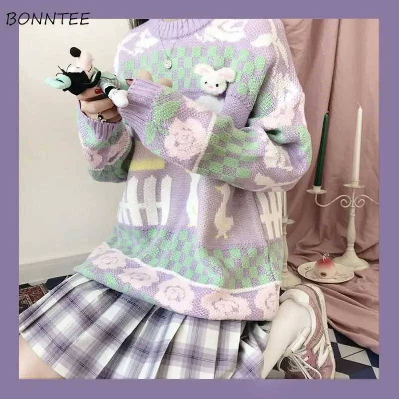 Sweaters Women Sweet Ins Purple Flowers Design Vintage College Girl Knitwear All-match Fall Spring Korean Popular Femme Pullover