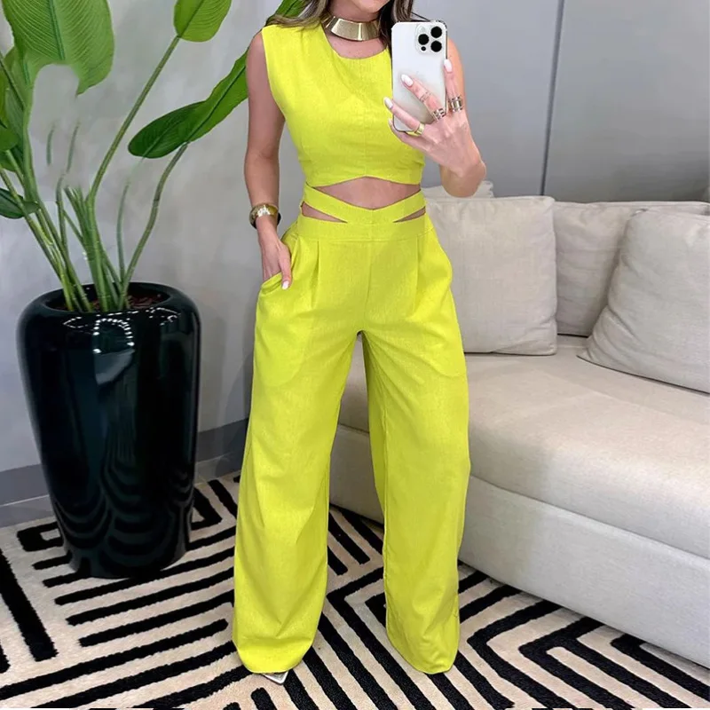 

Women Two Piece Set Camisole Sleeveless Backless Splice Crop Top Regular Crisscross Pants High Waist Casual Spring 2024