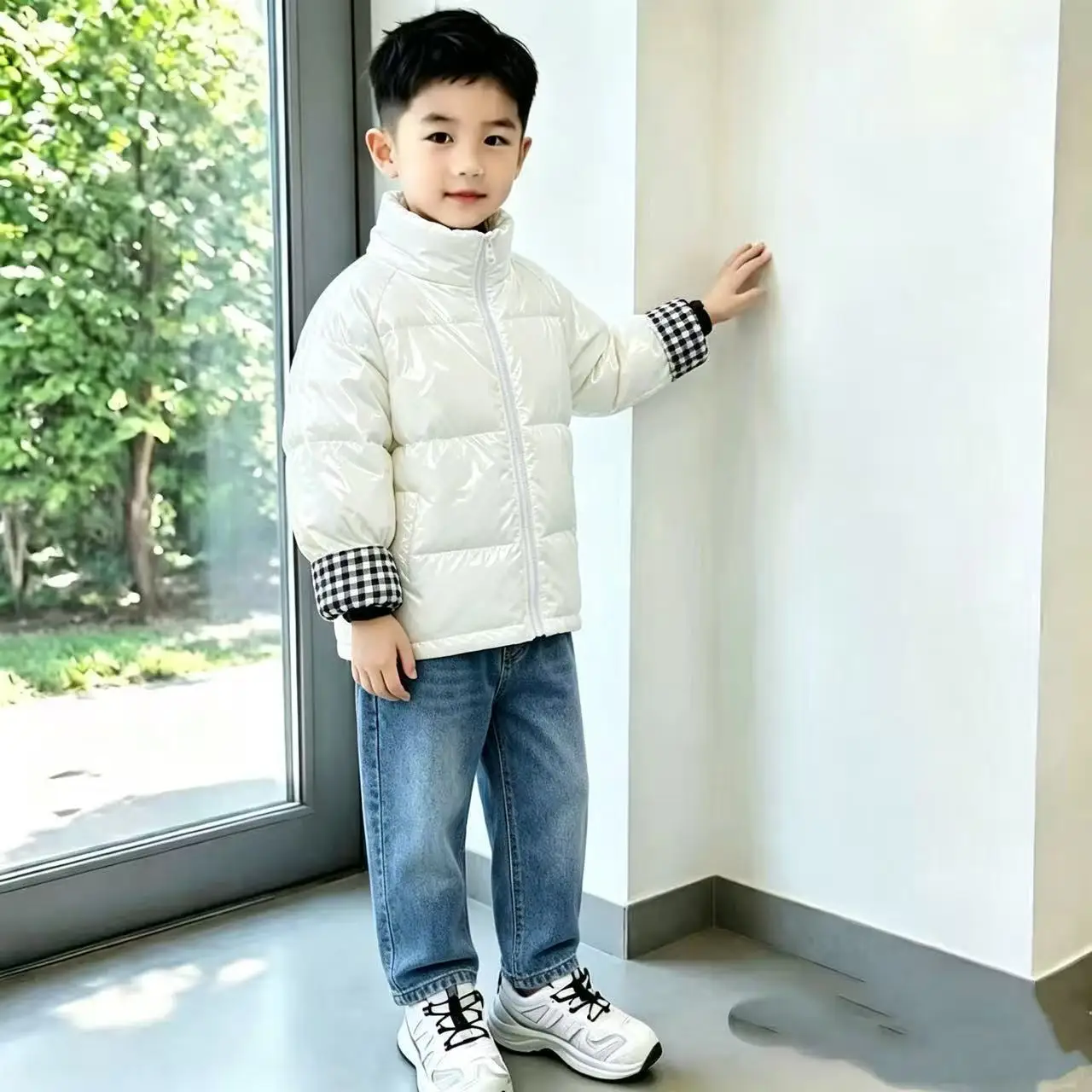 Children's cotton jacket with feather silk for both boys and girls, autumn and winter non washable double-sided outerwear