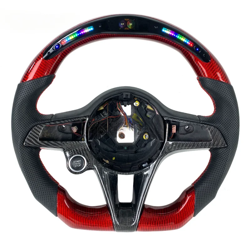 

For Alfa Romeo Custom LED Red Carbon Fiber Black Perforated Leather Sports Steering Wheel | Giulia 2015-2020