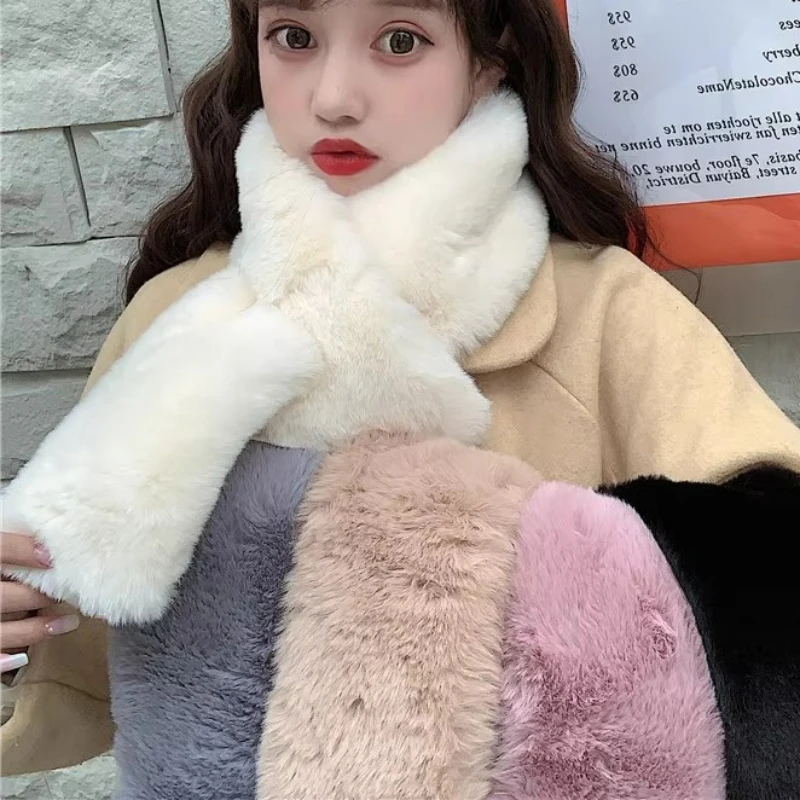 Korean Plush Faux Rabbit Fur Thick Plush Shawl Scarf for Female Winter Oudoor Windproof Solid Color Cross Neck Guard Warm Scarfs