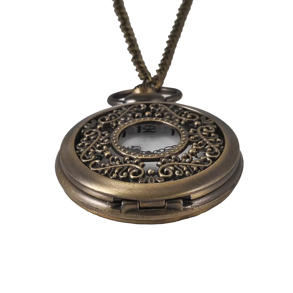 New vintage quartz  pocket watch bronze hollowed-out dense flower white dial with necklace