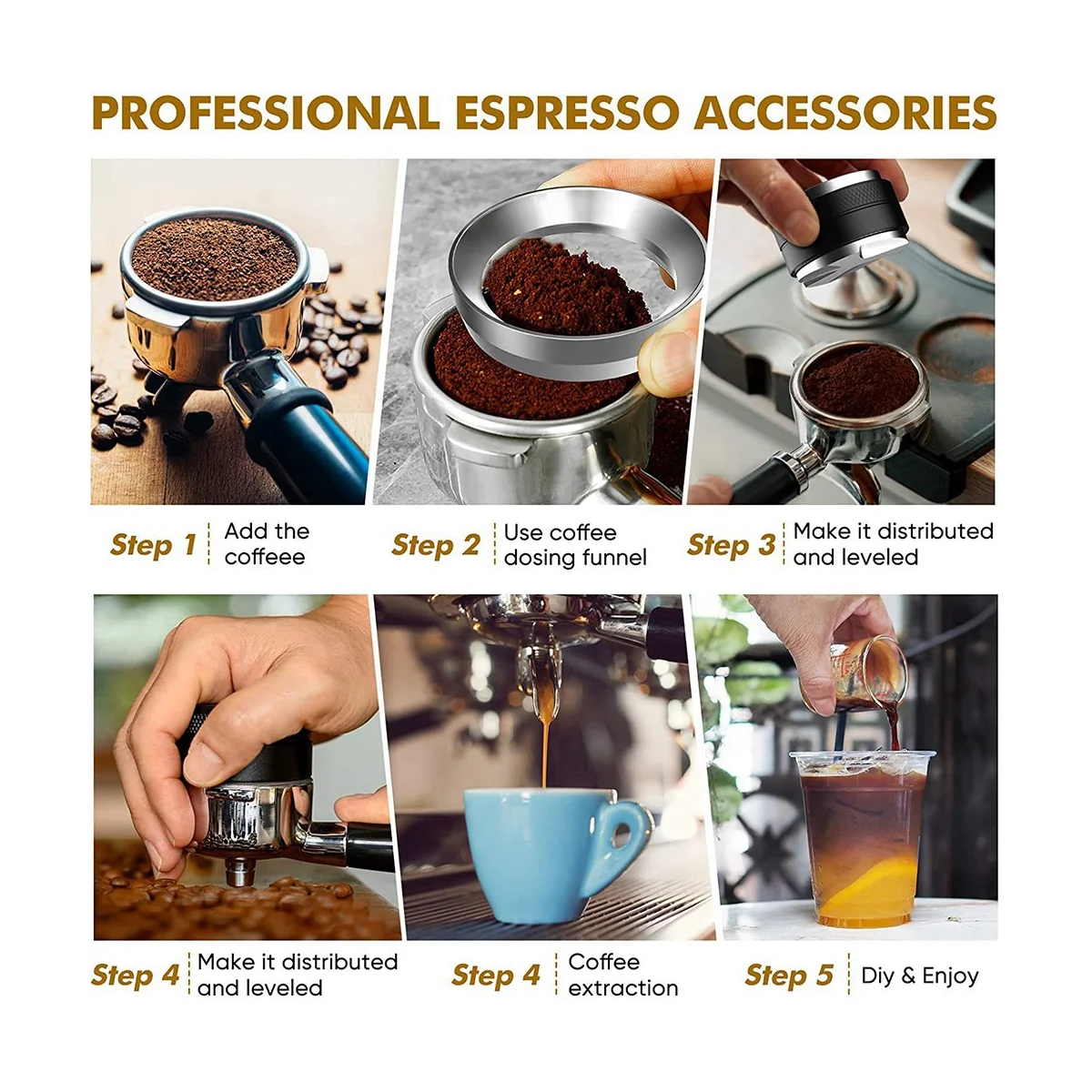 ที่กดกาแฟและเครื่องกระจายผงกาแฟขนาด 51 มม., ชุดกรวยตวงเอสเพรสโซ่สแตนเลสขนาด 51 มม., ตัวปรับระดับกาแฟแบบสองหัว-HIM