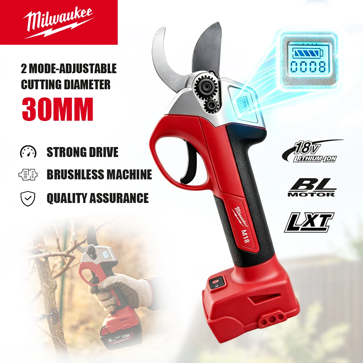 milwaukee-18v-cordless-pruning-shears-30mm-cutting-dia-sk5-blade-brushless-motor-electronic-display-garden-secateurs-tool-only