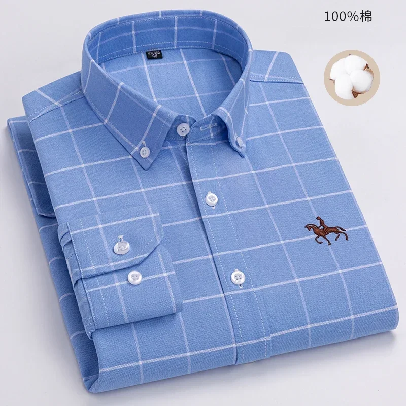 Plus Size Men's Social Shirt Long Sleeve Pure Cotton Oxford Thin Soft Button Large Plaid Formal Men's ClothingBusiness shirt