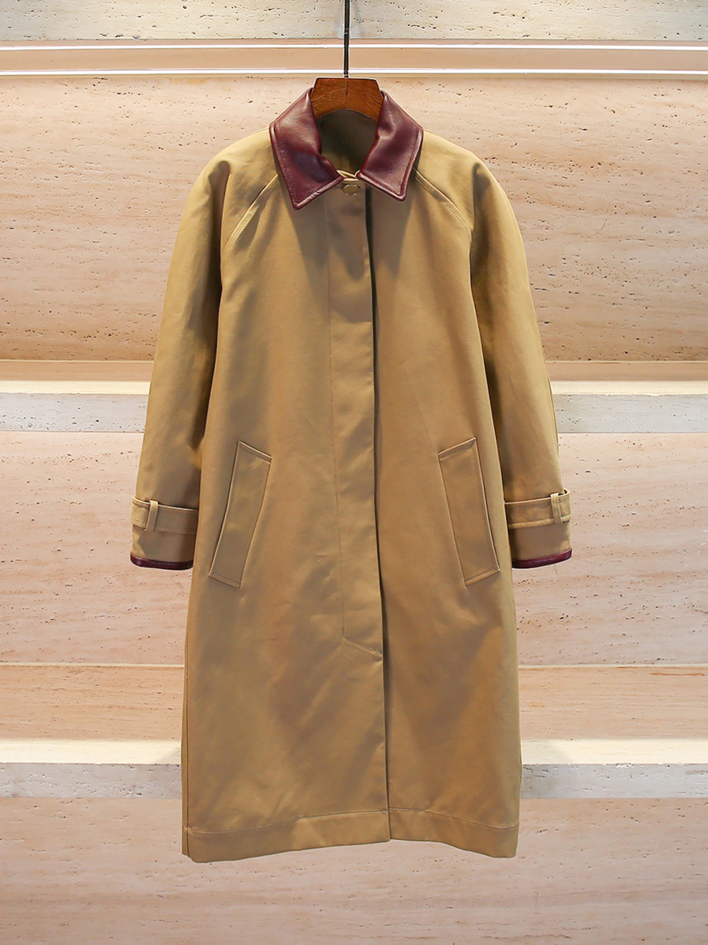 

S Home South Oil High End Women's Long Coat Briti Sle Patchwork Leather Collar Autumn Winter Outerwear Ele Simple