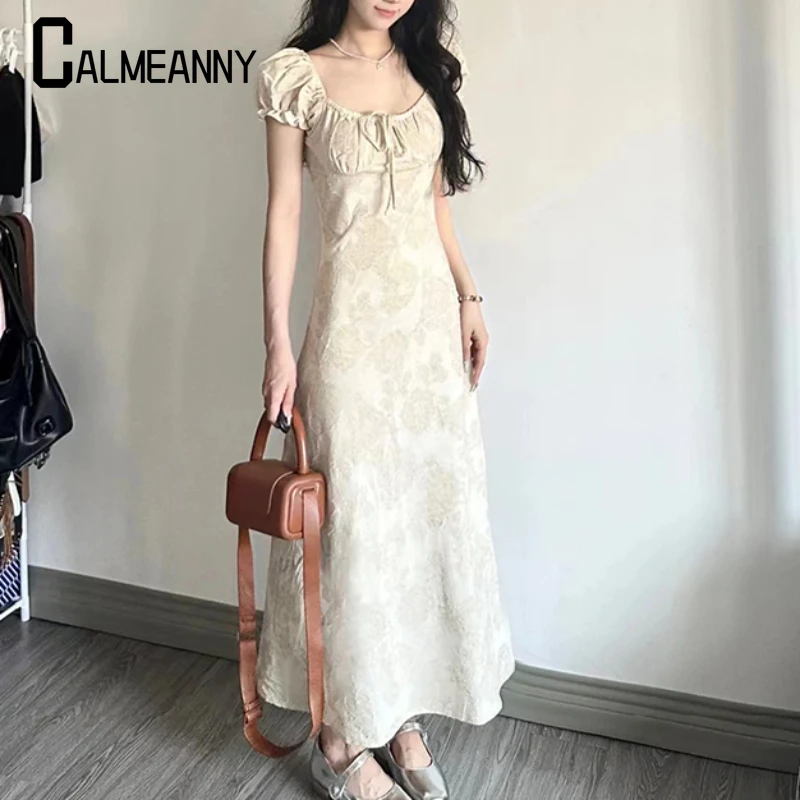 Vintage Square Collar Lace-up Package Hip Dress 2024 Summer New Style Elegant Short Sleeve Women Slim Bodycon Printed Dress