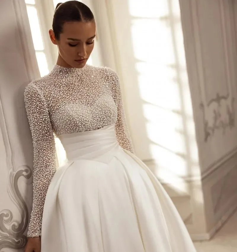 Elegant A-line Wedding Dress 2026 High Neck Long Sleeves Pearls Beads Satin Bridal Gowns Bride Dresses Vestidos De Noiva