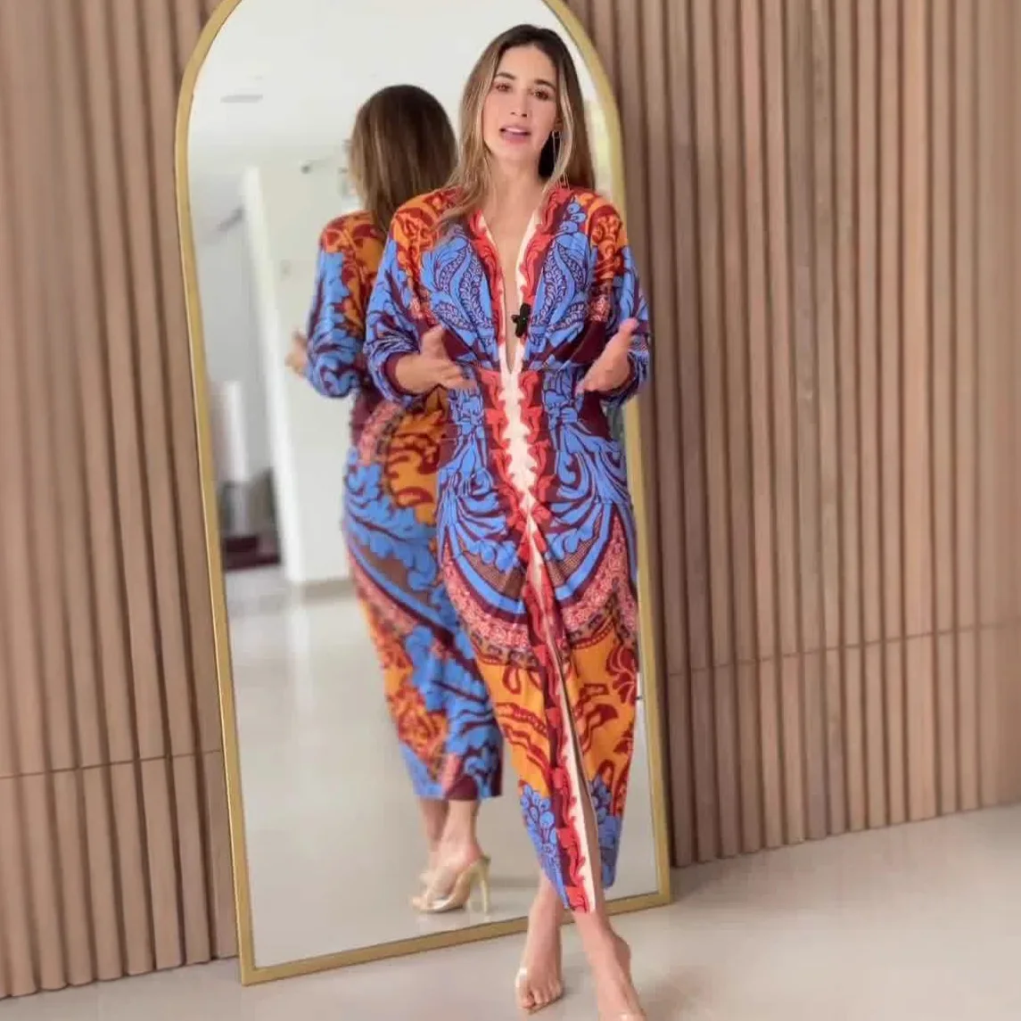 

Платье макси в богемном стиле с V-образным вырезом, завышенной талией, облегающее, сексуальное, из полиэстера и 100% хлопка, с принтом, средней посадки