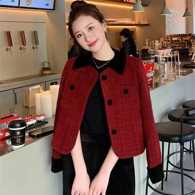 

High-Grade Woolen Coat Women Spring And Autumn New Fashion Long Sleeves Short Casual Coarse Flower Wool Jacket Female Tops B1453