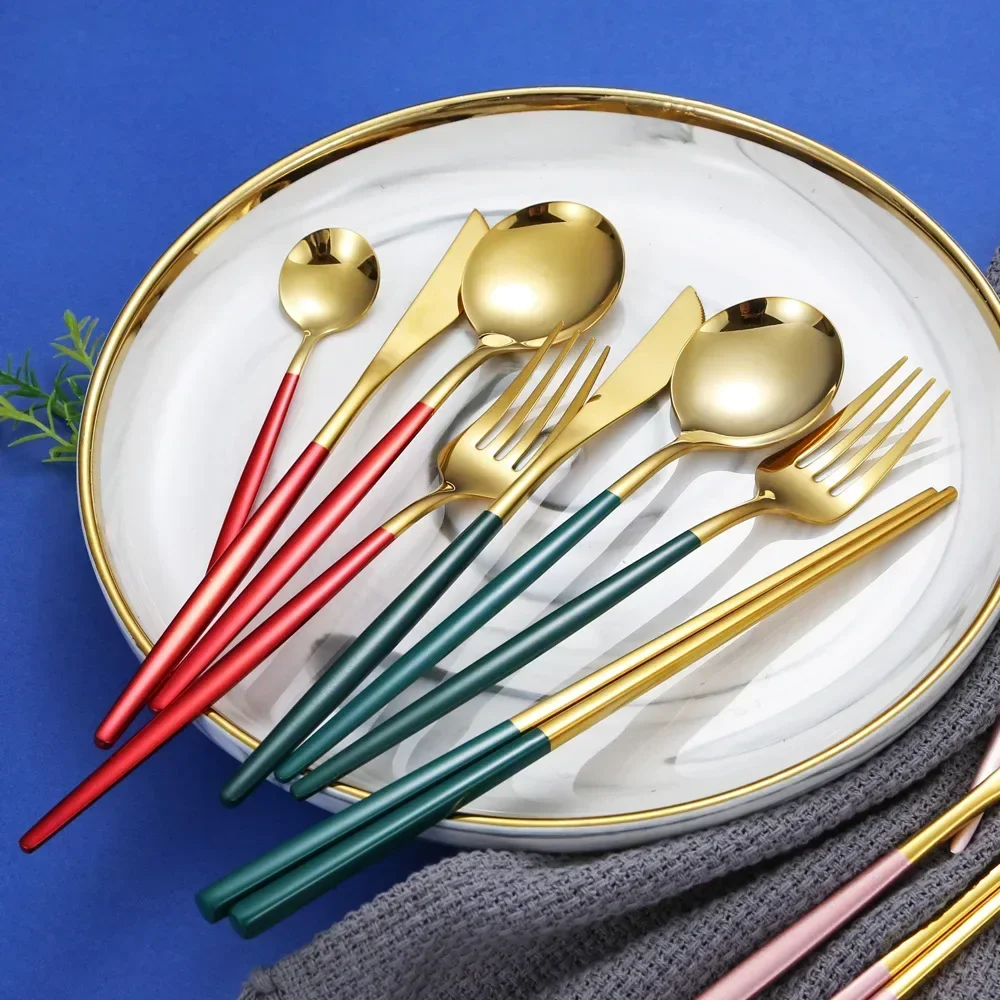 5-Pcs Luxury Golden Cutlery 304 Stainless Steel Dinnerware Set Rose Gold Knife Fork Silverware Dinner Tableware Kitchen