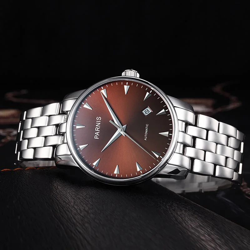 New Arrival Parnis 38mm Brown Dial Automatic Mechanical Men Watches Sapphire Crystal Calendar Watch With Box Gift Man Clock 2023