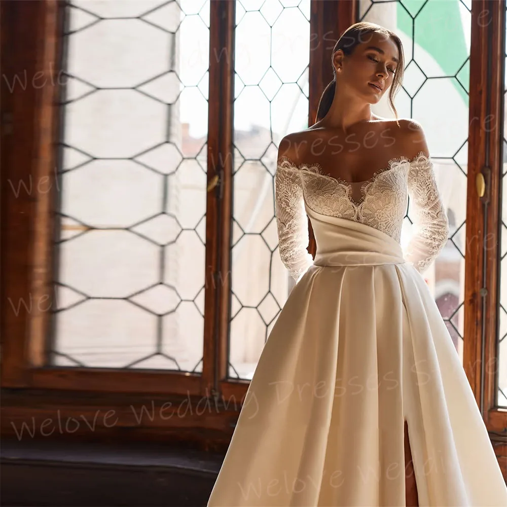 

Romantic A Line Women's Wedding Dresses Lace Applique Satin Vestidos De Novias De Boda Customized Bride Gowns Side Slit Vestidos