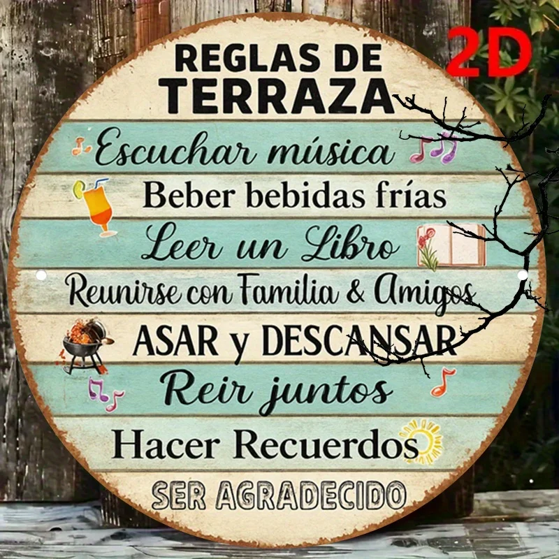 2D Rundes Aluminiumschild, Vintage Terrassenregeln-Plakette, Garten-Metallschild, Terrassenregeln-Schild, Rundes Metallschild, Vintage Gartenschild