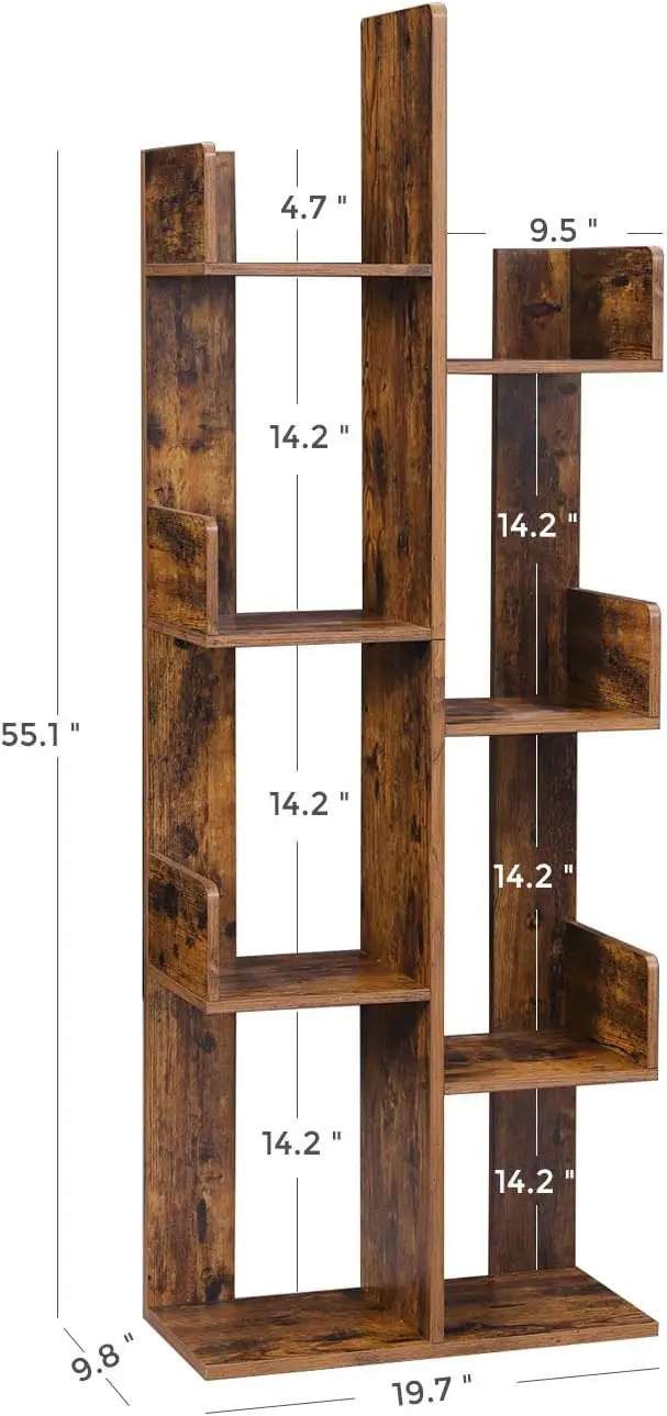 Tree-Shaped Bookshelf with 8 Shelves, Rustic Brown, Compact Design for Living Room or Office