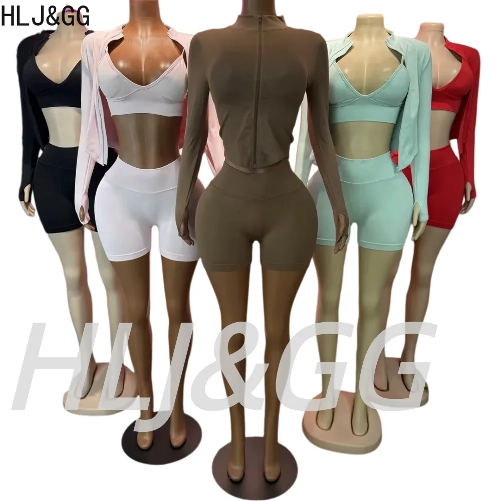 HLJ&GG Women's 3 Piece Set High Quality Sporty Zipper Long Sleeve Jacket + Vest + Shorts Outfits Casual Female Solid Yoga Suits