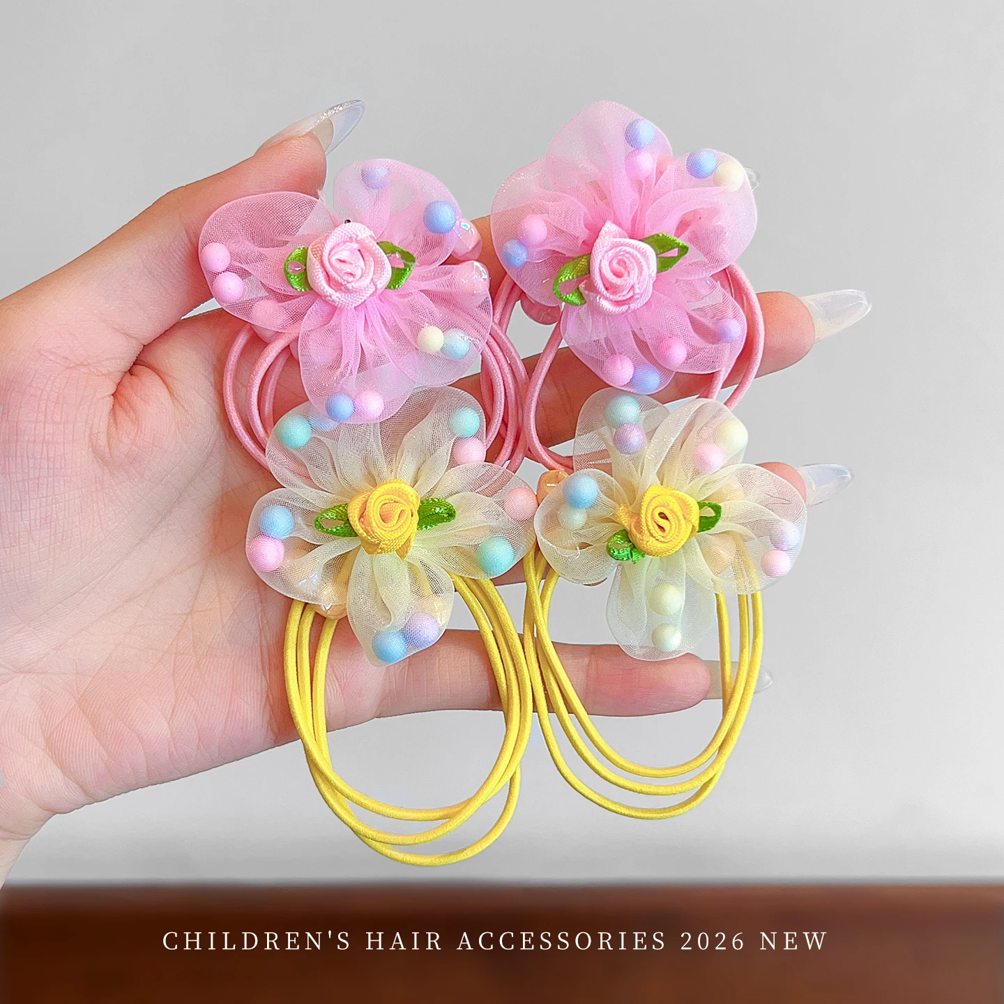 2026 Neue Süße Makronen-Farbige Blumen-Haargummis für Mädchen und Frauen Organza-Tüll-Stoff Rosen-Elastikband Accessoires – Detail 7