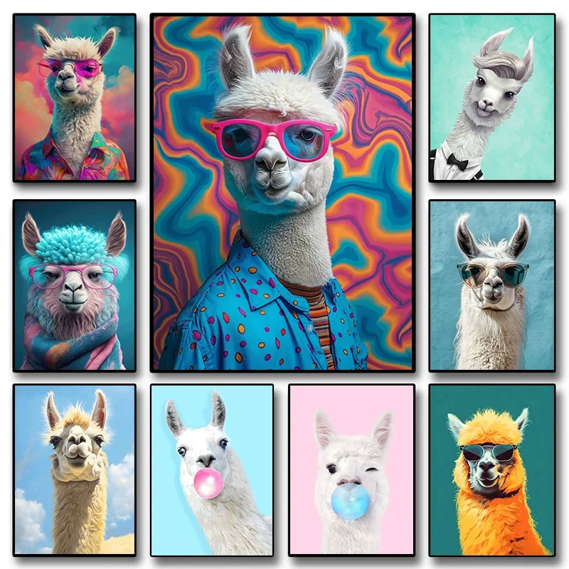 Funny Colorful Llama Animal Canvas Painting Alpaca Prints Nursery Nordic Wall Art Poster Kids Pictures Living Room Home Decor