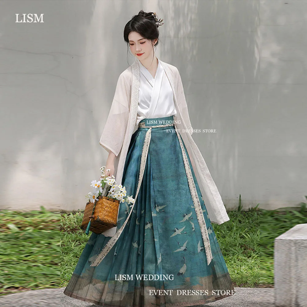 

LISM Vintage Korea A-Line Formal Occasion Dresses Hanbok 2/3 Long Sleeves V-Neck Lit. Horse-Faced Skirt For Women special Gowns