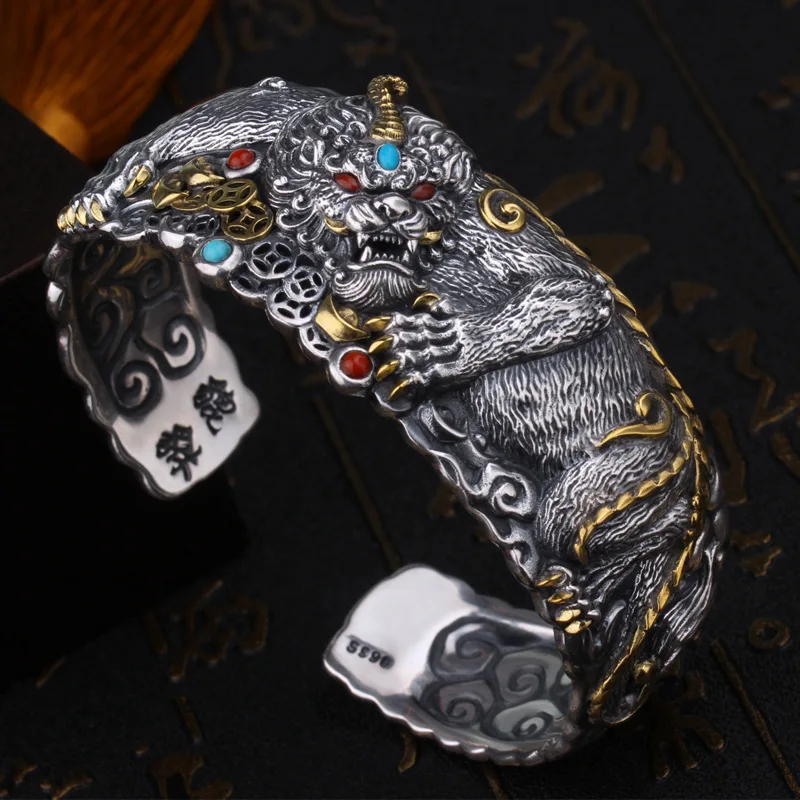 

S925 Sterling Silver Men's Wide Classic Fashion Domineering Pixiu Bracelet To Attract Wealth Personality Retro Chinese Style