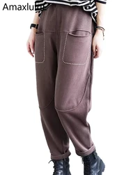 Amax luluE Womens Retro Solid Color Straight Harem Pants Females Winter Korean Fashion Fitness 2024 High Waist Casual Trousers