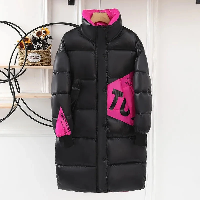 2025 New Winter Down Cotton-Padded Jacket Women Overcoat Korean Color Matching Long Glossy Female Thicke Slim Warm Parker Coats