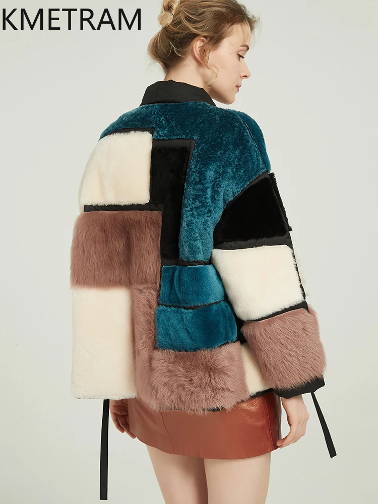 KMETRAM 100% Natural Sheepskin Wool Fur Coats Peacock Blue Woman Clothing Mid Length Winter New Outerwears 2025 fourrures femmes