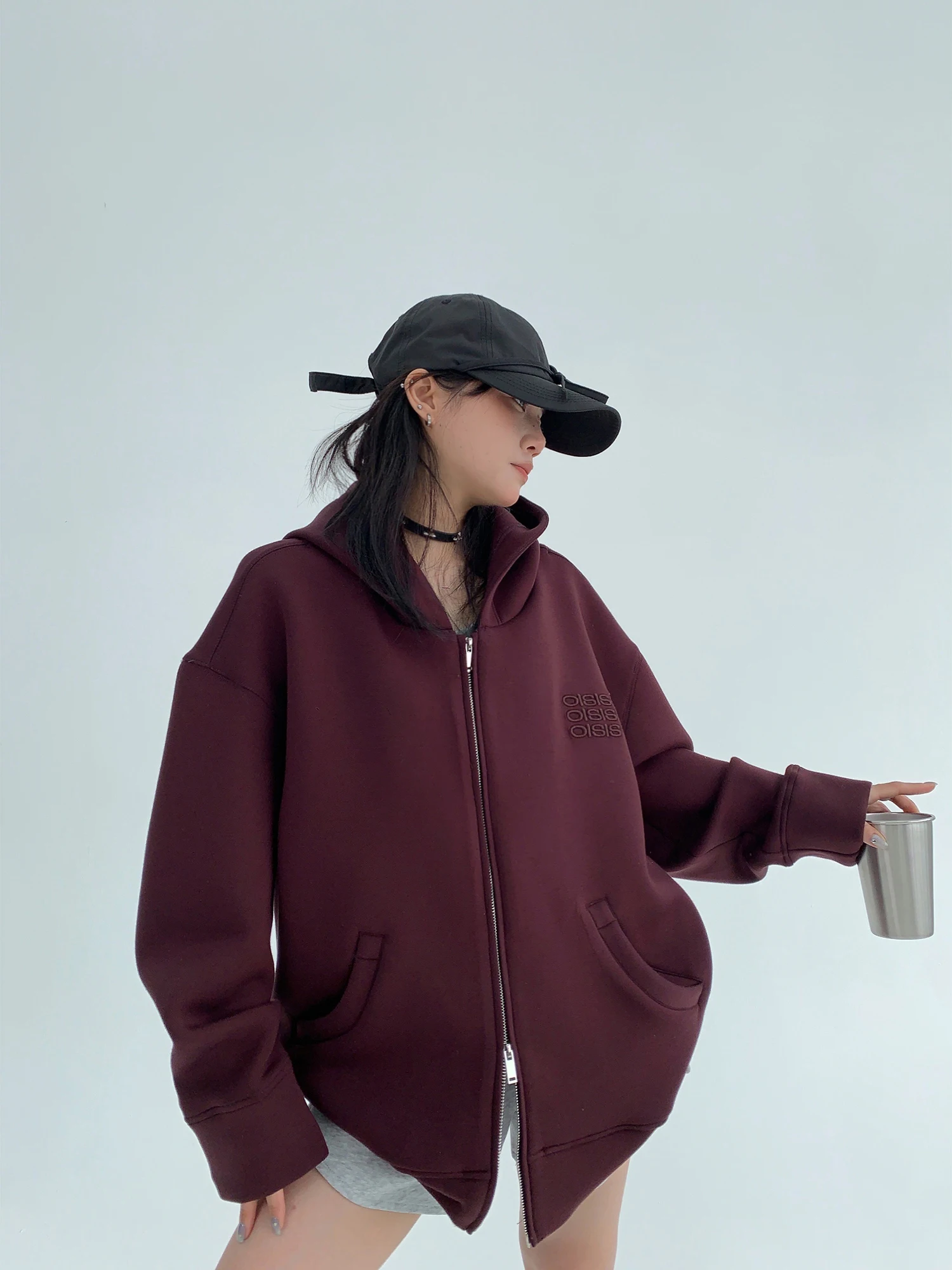 

Loose Casual Women's Hoodie Jaet Air Layered Tee-Dimensional Silhouette Autumn Trendy Cotton Blend Fabric Zipper Closure