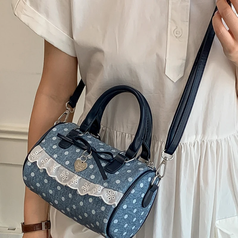 Koreanische Polka Dot Bowknot Patchwork Hobo Umhängetasche, Damenhandtasche, vielseitige, leichte, kleine quadratische Tragetasche für den Arbeitsweg – Detail 11