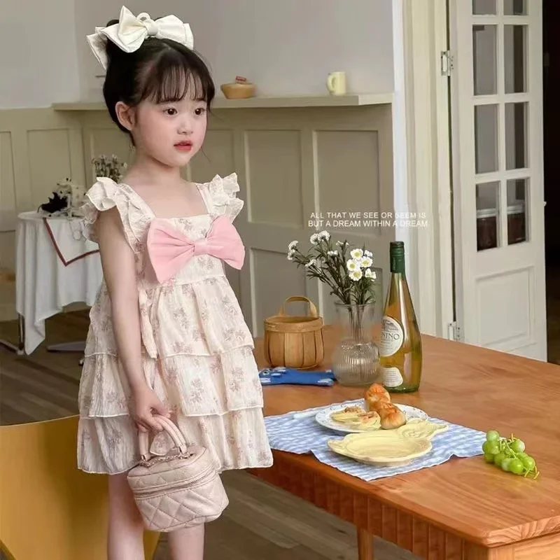 Baby Girl Sweet Dress Korean Style 2023 Summer Flower Cute Dress Flying Sleeveless Flower Bow Casual Simple Girls Dress