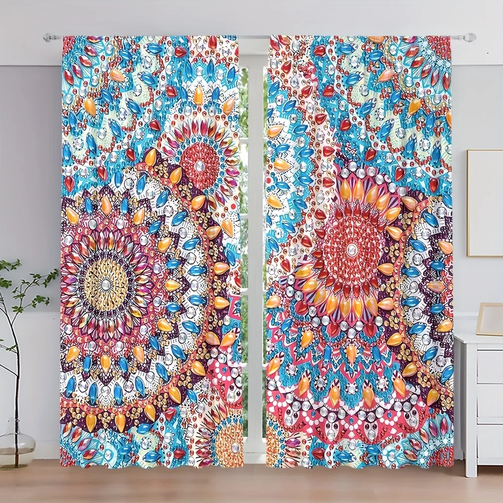 

2pc Colorful Bohemian Curtain Rod Pocket Hook Mount Digital Printed Curtain Polyester Material For Living Room Kitchen Bedroom