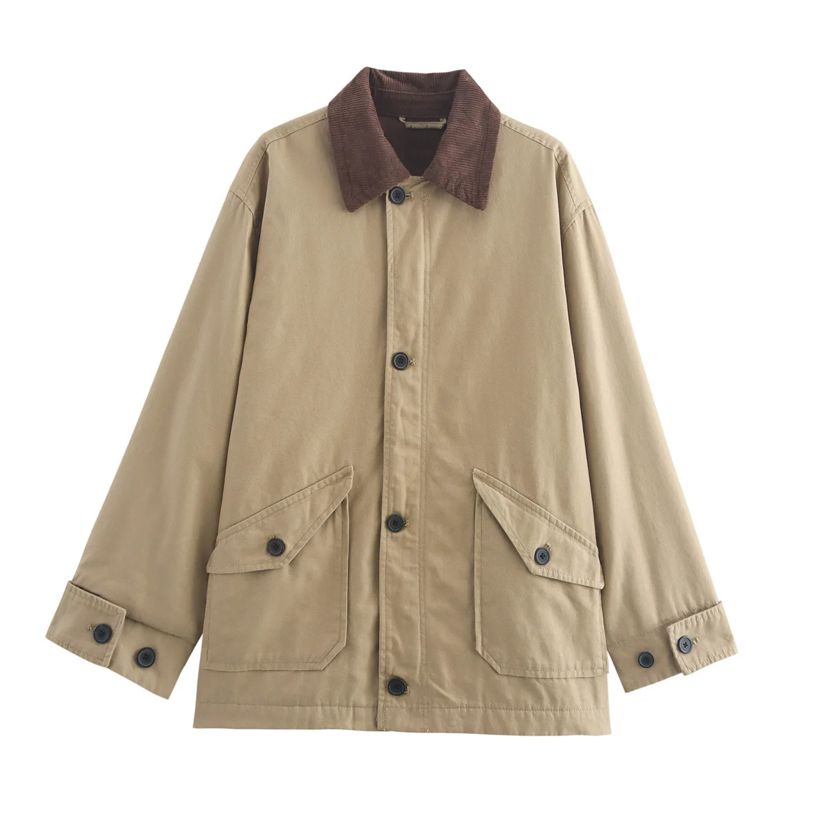 Vintage High Quality Cotton Bomber Jacket Women Pockets Buttons Trench Coat Long-Sleeve Outerwear Cargo Jacket Patchwork Top New